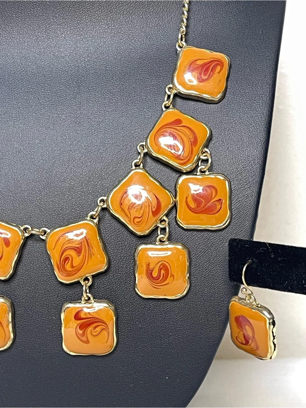 Vintage Acrylic Amber Tile Statement Necklace and Earring Set - Orange Swirl
